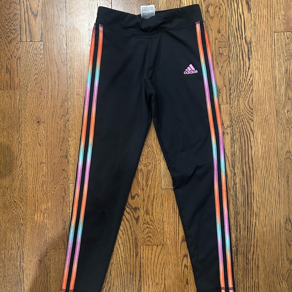 Adidas Kids Black Leggings with Multicolor Stripes gently used like new
